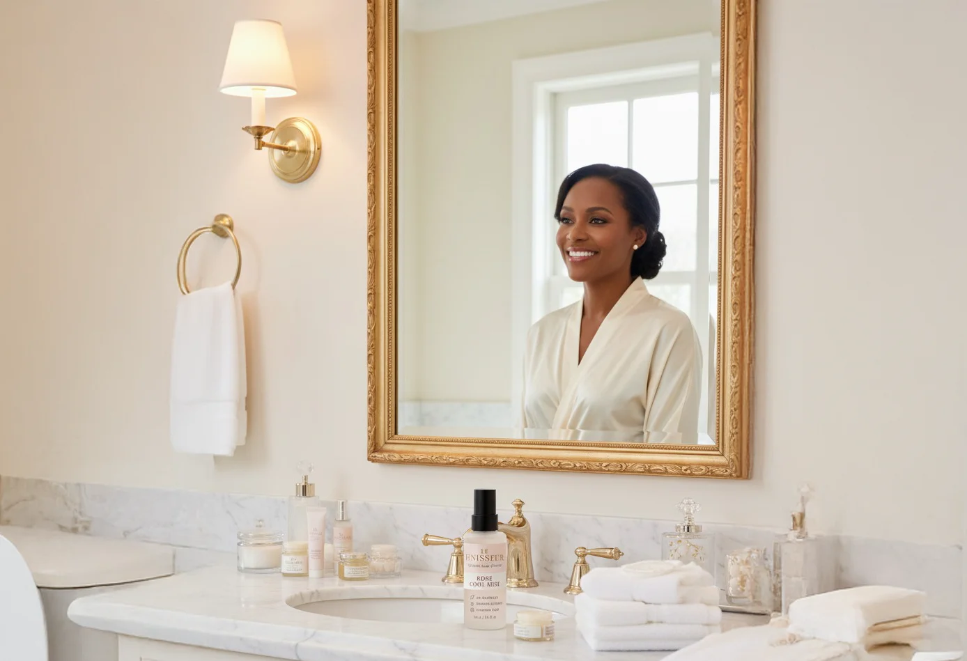 Smiling woman at her bathroom vanity with Le Finisseur Rose Cool Mist