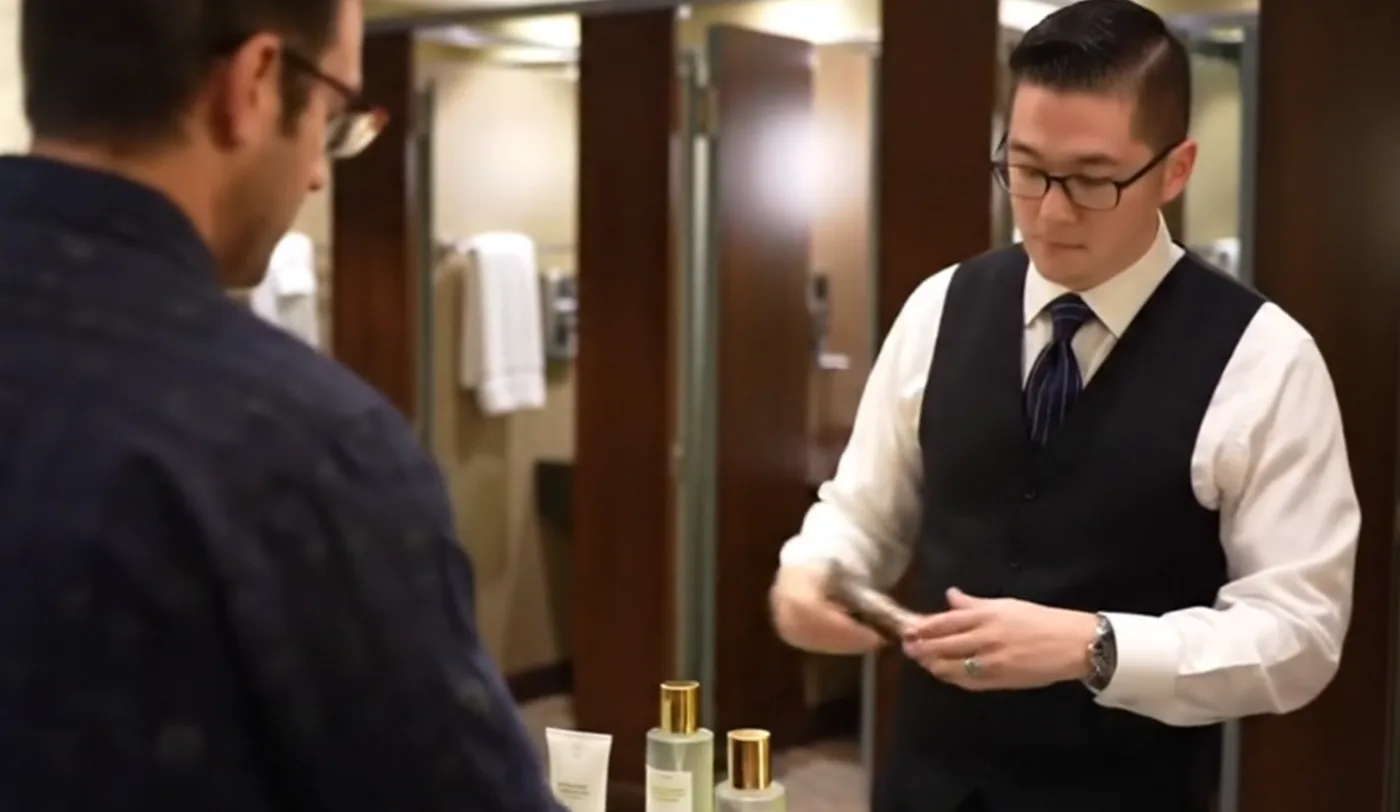 Restroom attendant presenting amenities to a guest
