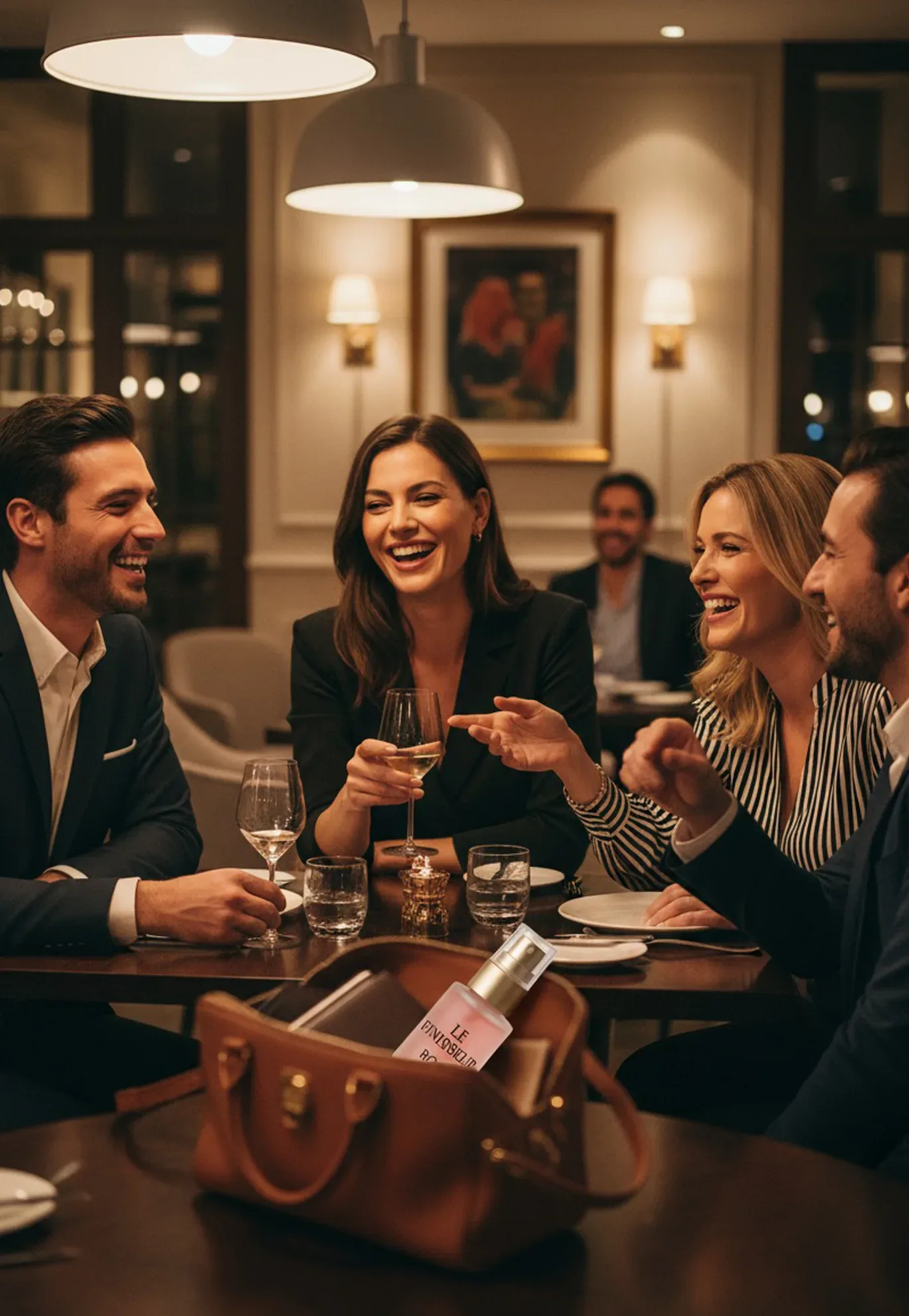 Friends laughing over dinner, a Le Finisseur Rose mist in a handbag