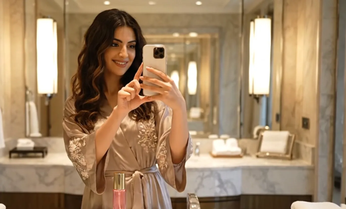 Woman in a satin robe in a marble hotel bathroom