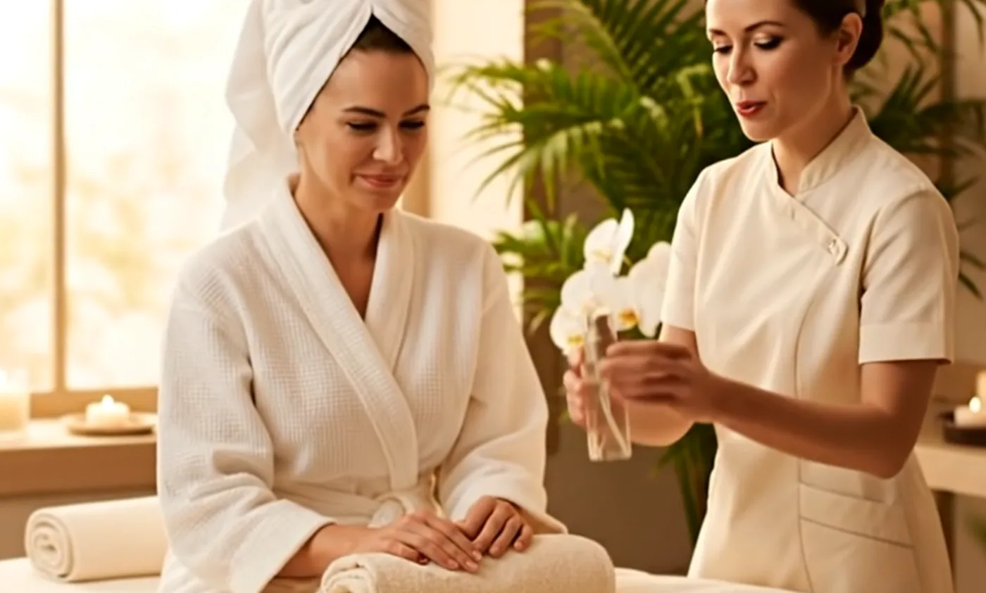 Spa guest in a robe with an attendant
